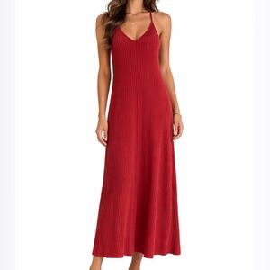 Terracotta Dusty Rose Ribbed Spaghetti Strap Beachy Boho Maxi Dress, Size L